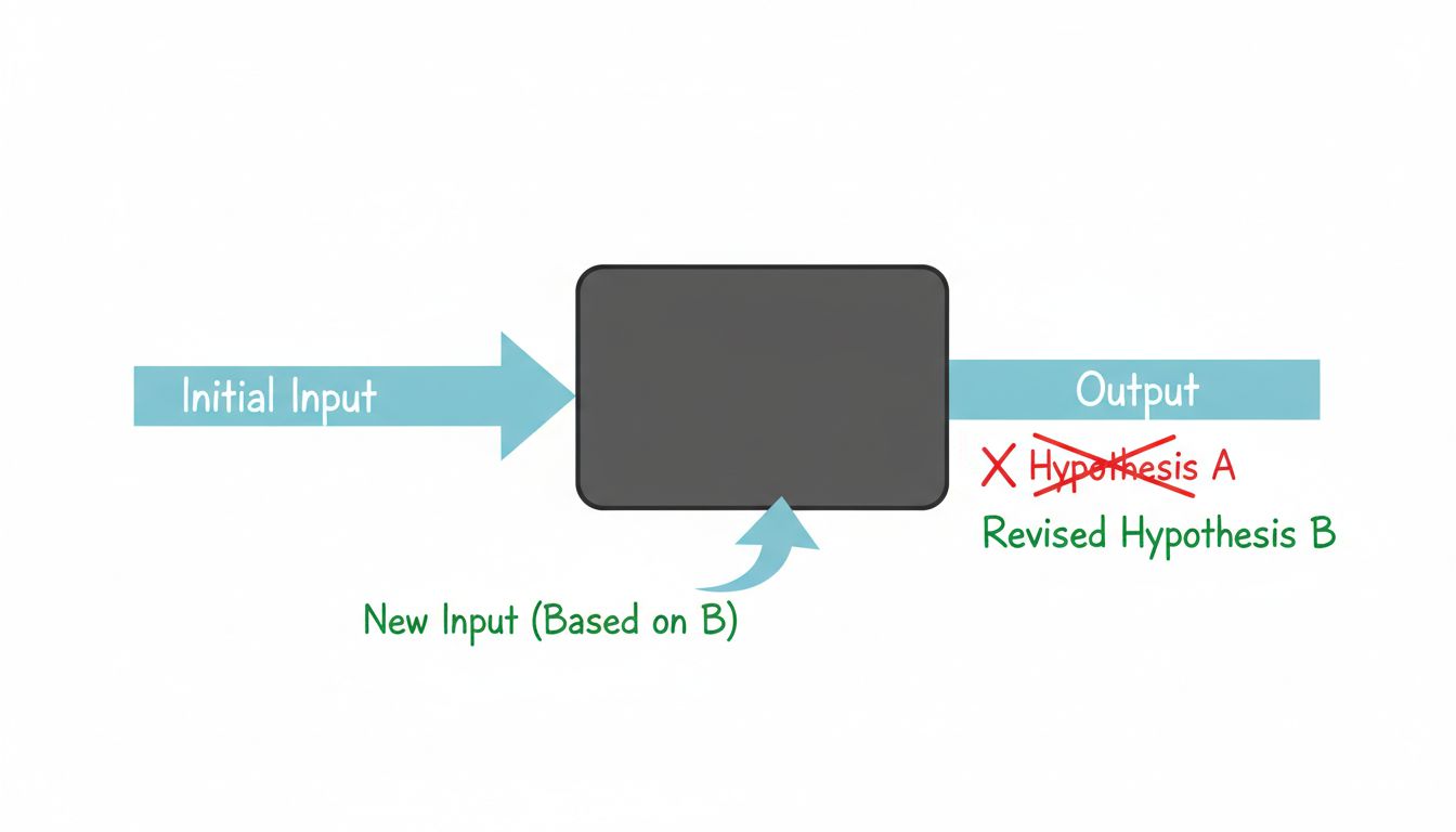 Diagram showing a single-variable prompt debugging loop with hypothesis, test, and revision stages