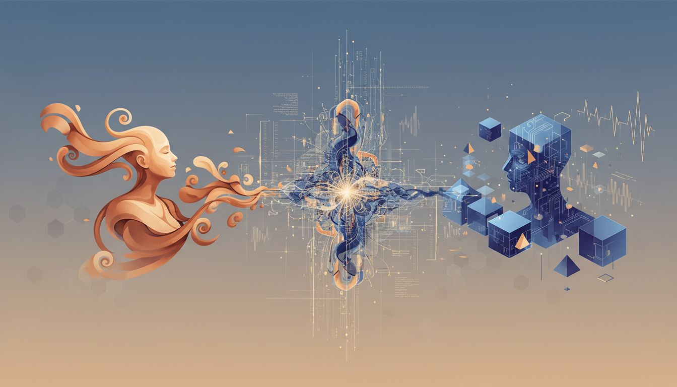 Abstract illustration of the translation layer between human intent and AI model output