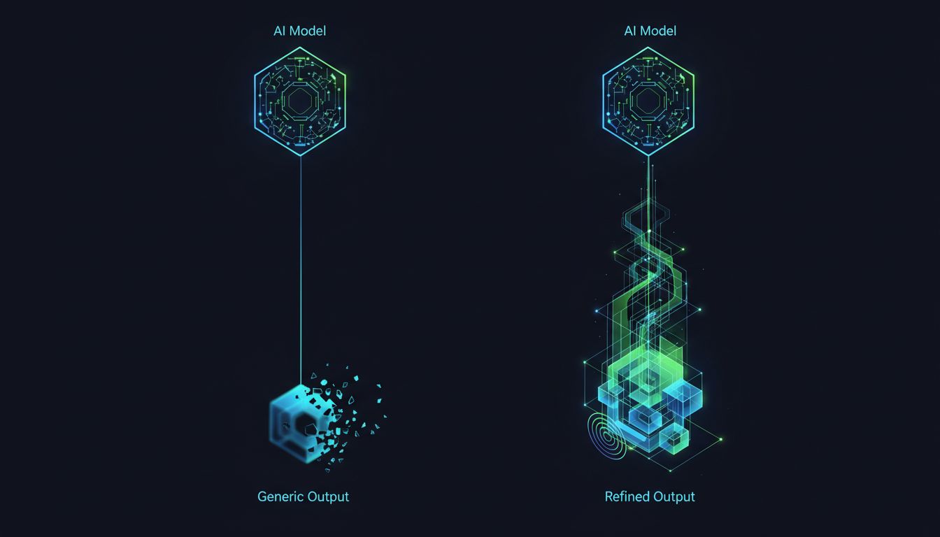 Diagram showing how the same AI model produces vastly different outputs depending on the prompting layer