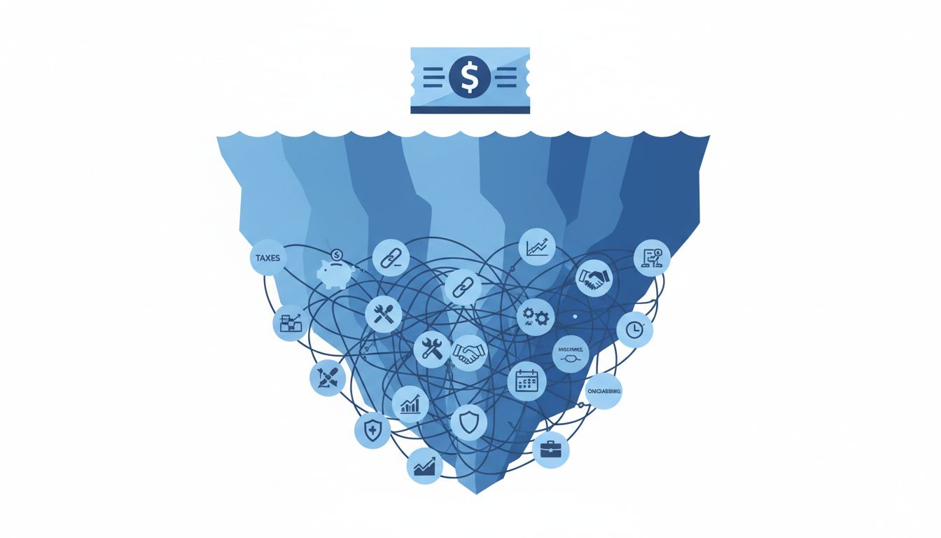 Iceberg diagram showing salary above waterline and the much larger hidden costs of engineering headcount below