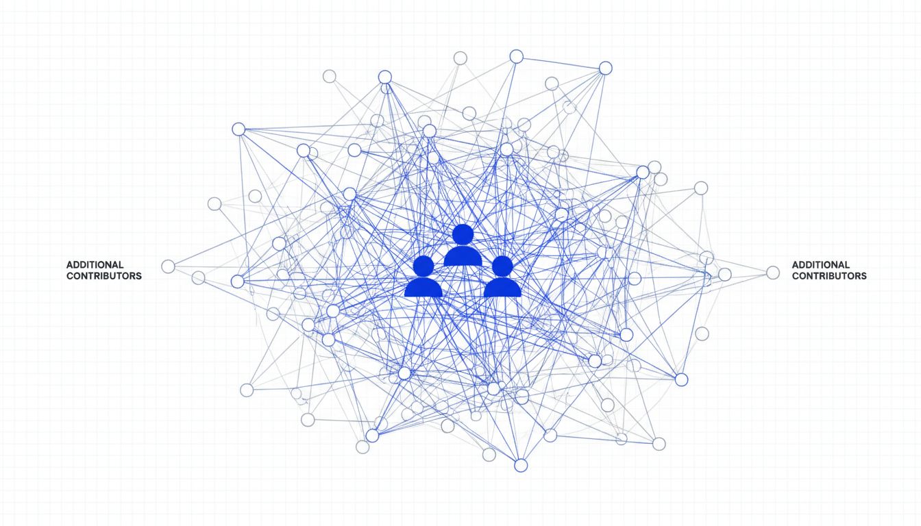 Network diagram showing how coordination overhead grows non-linearly as team size increases