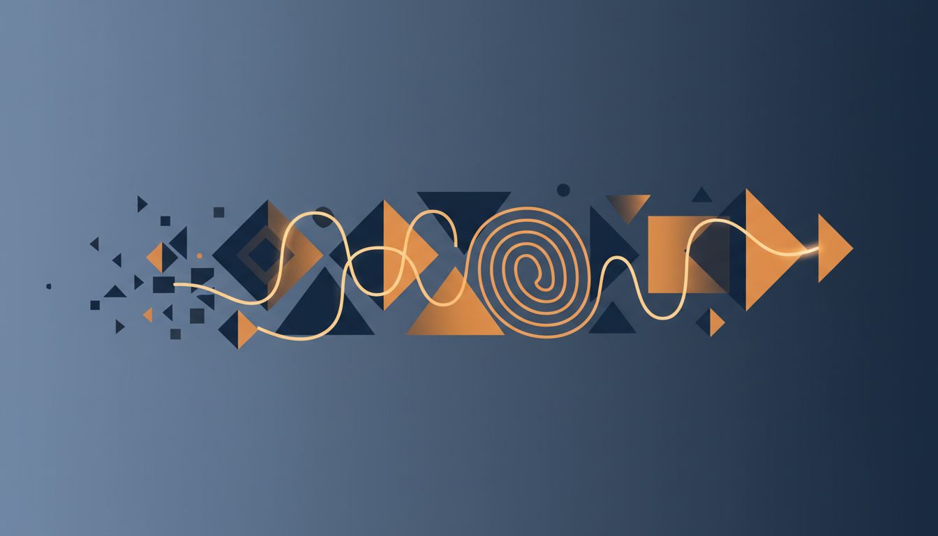 Abstract illustration of a narrative thread connecting geometric shapes representing capital and uncertainty