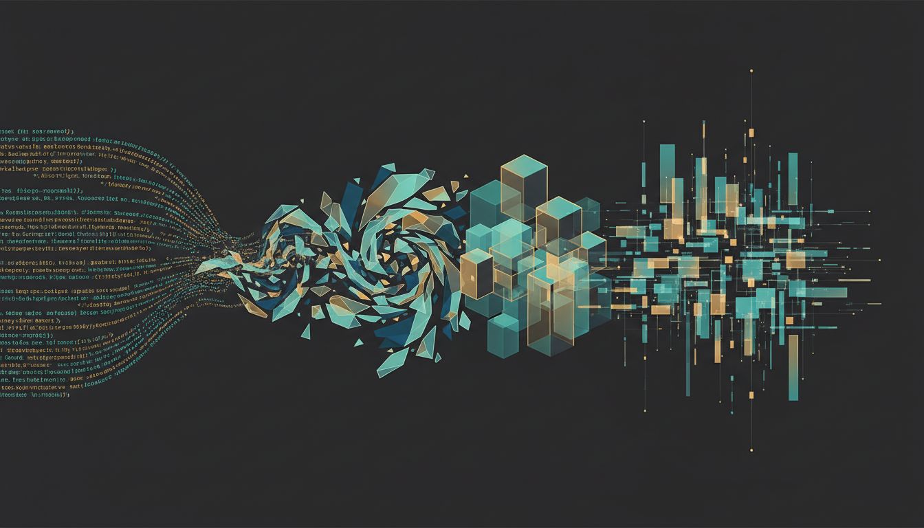 Abstract illustration showing source code transforming through compiler stages into structured machine instructions