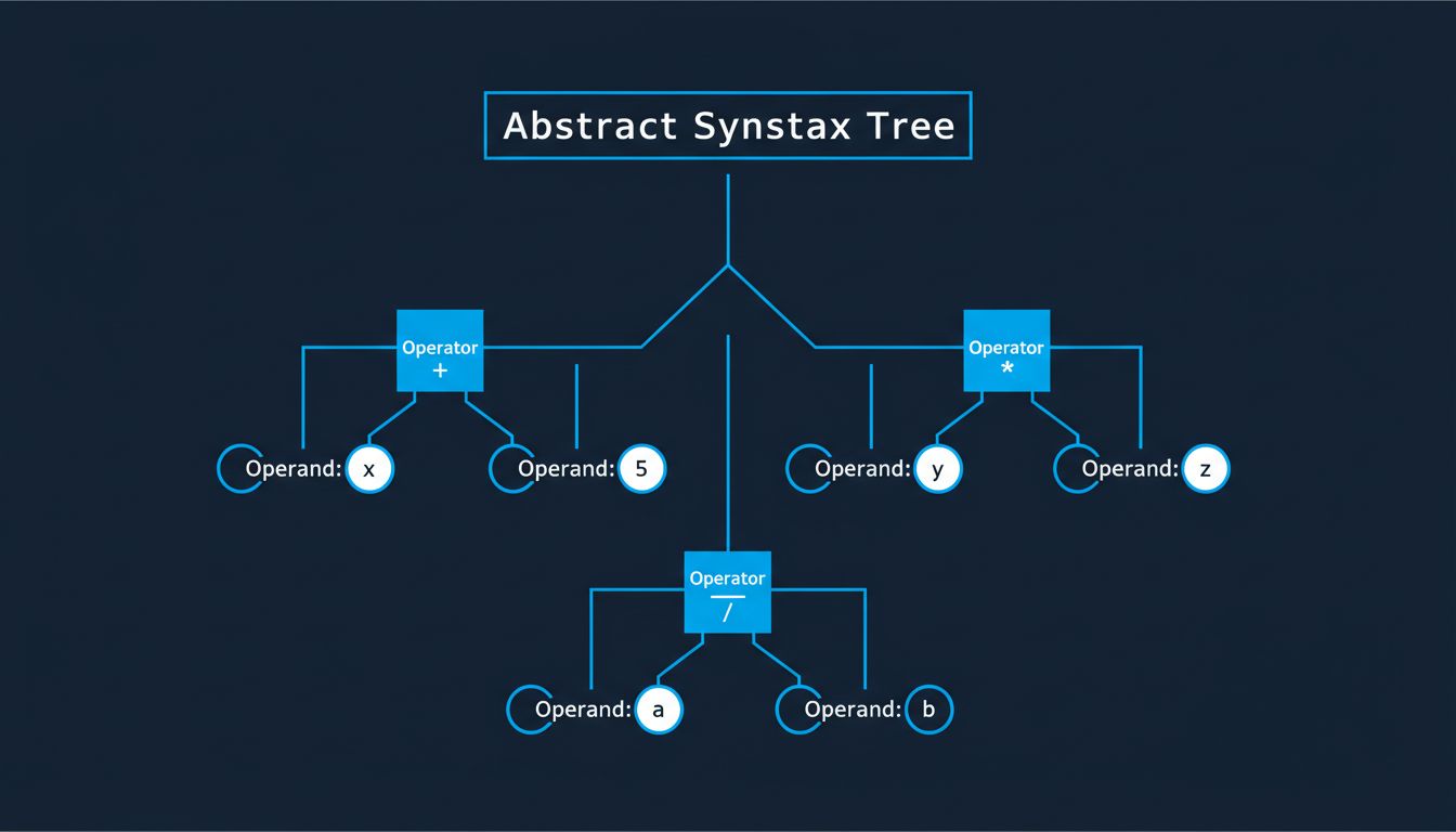 Abstract syntax tree diagram showing how an expression like a plus b times c is structured with precedence encoded in node depth