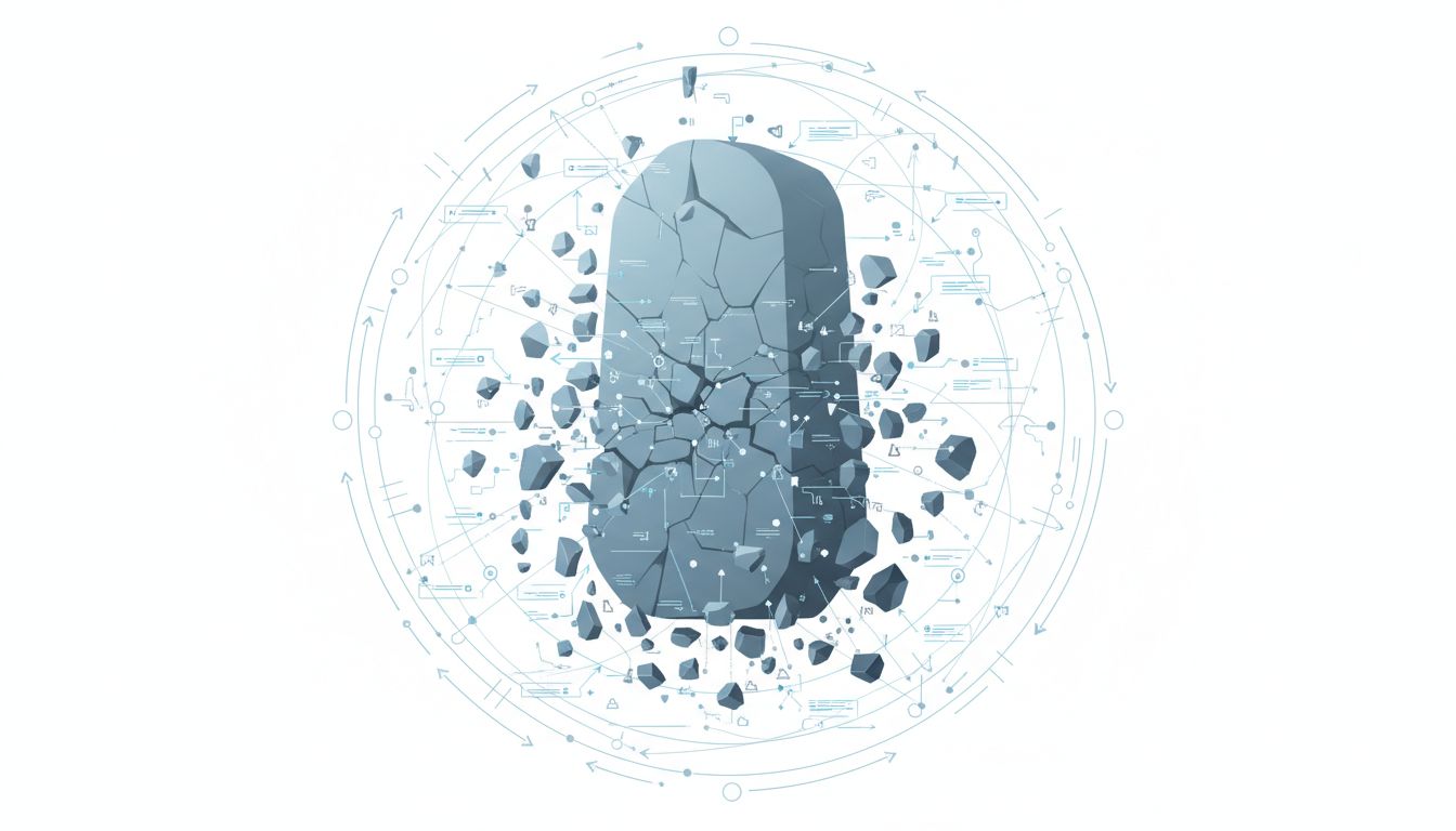 A large stone fragmenting into many small labeled pieces surrounded by overhead annotations