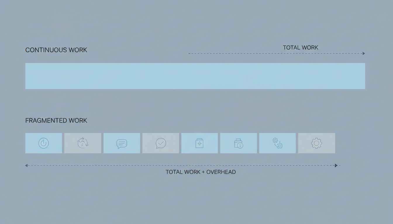 Two timelines comparing one continuous task versus fragmented tasks with overhead gaps, showing the fragmented approach takes longer overall