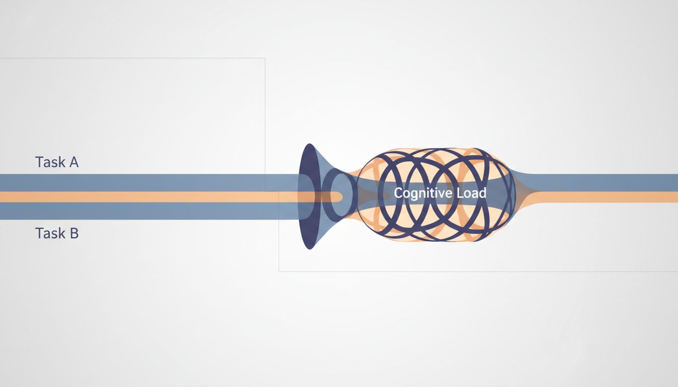 Abstract diagram showing two task paths converging into a cognitive bottleneck