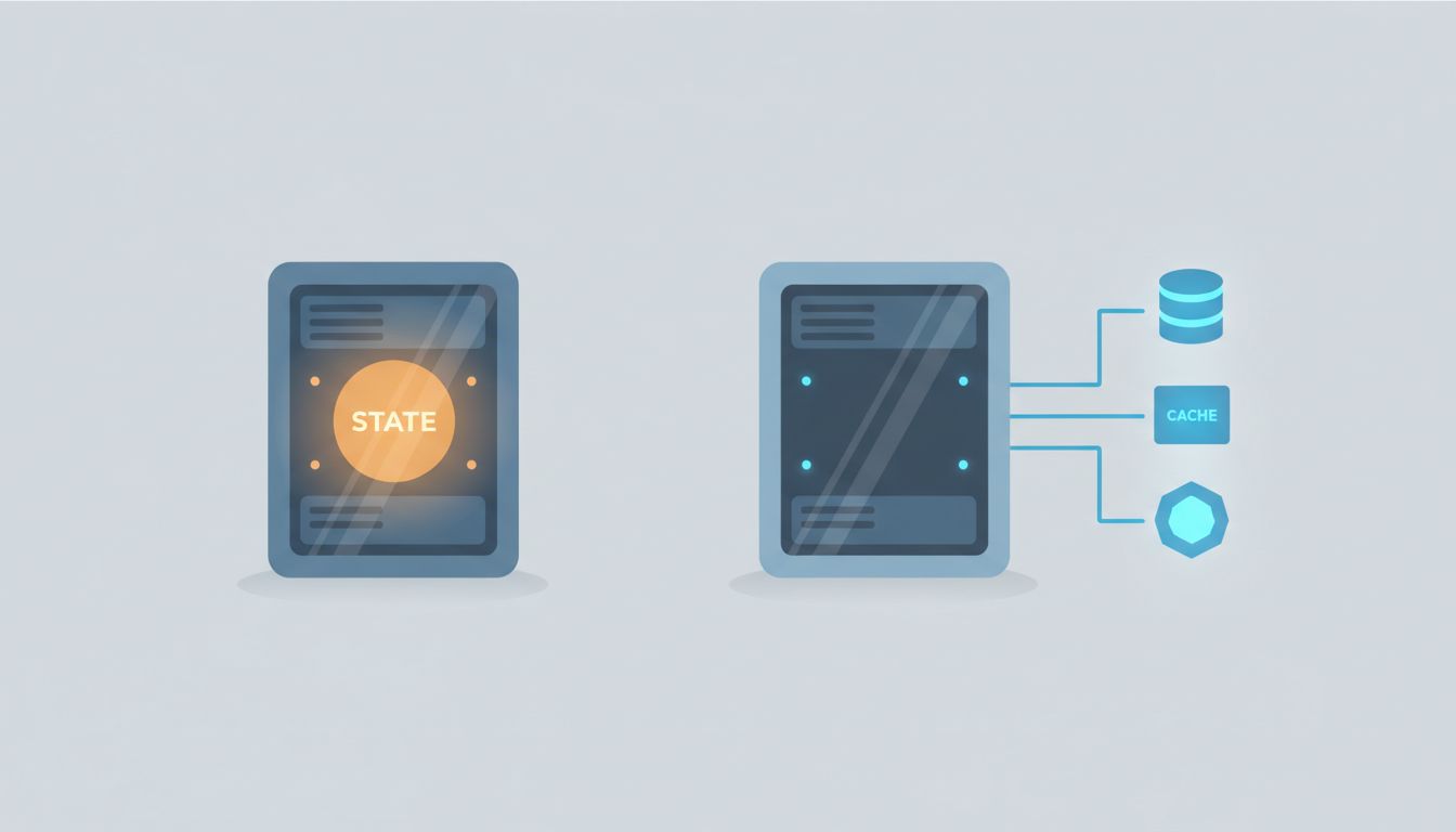 Diagram showing state moving from inside a server to distributed external systems when architecture becomes stateless