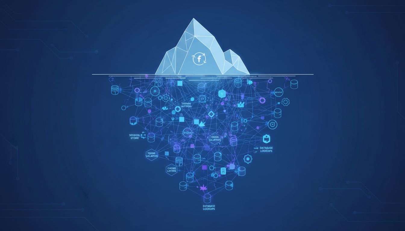 Iceberg diagram where the stateless component is the visible tip and the complex state management infrastructure is the hidden mass below