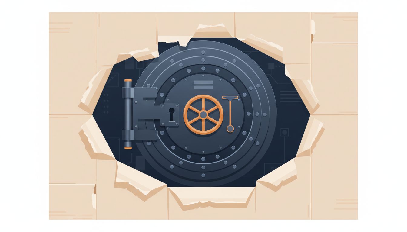 A secure vault door surrounded by weak walls, illustrating that encryption protects data but surrounding systems often don't