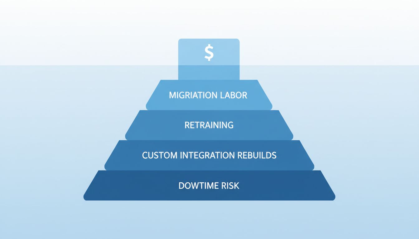 Iceberg diagram showing visible software licensing costs above waterline and much larger hidden switching costs below