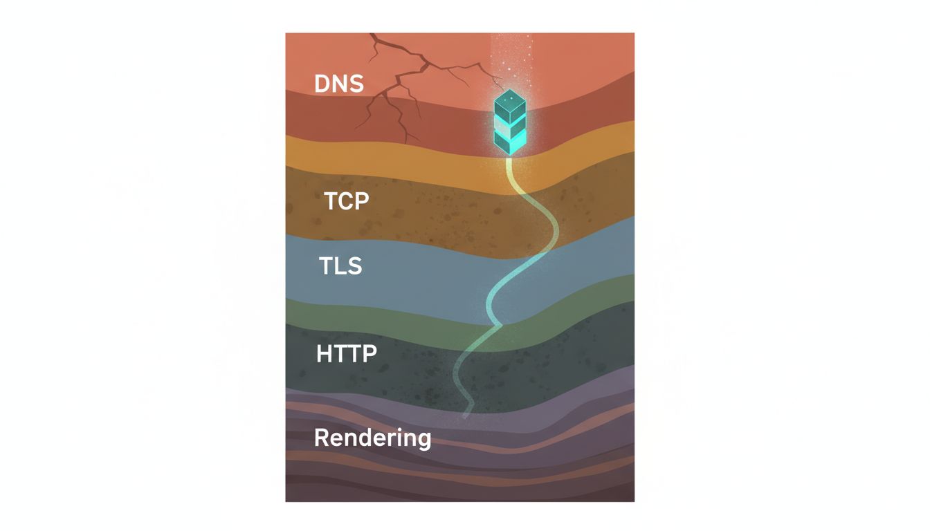 Cross-section diagram showing the layered steps a URL request travels through before a page renders