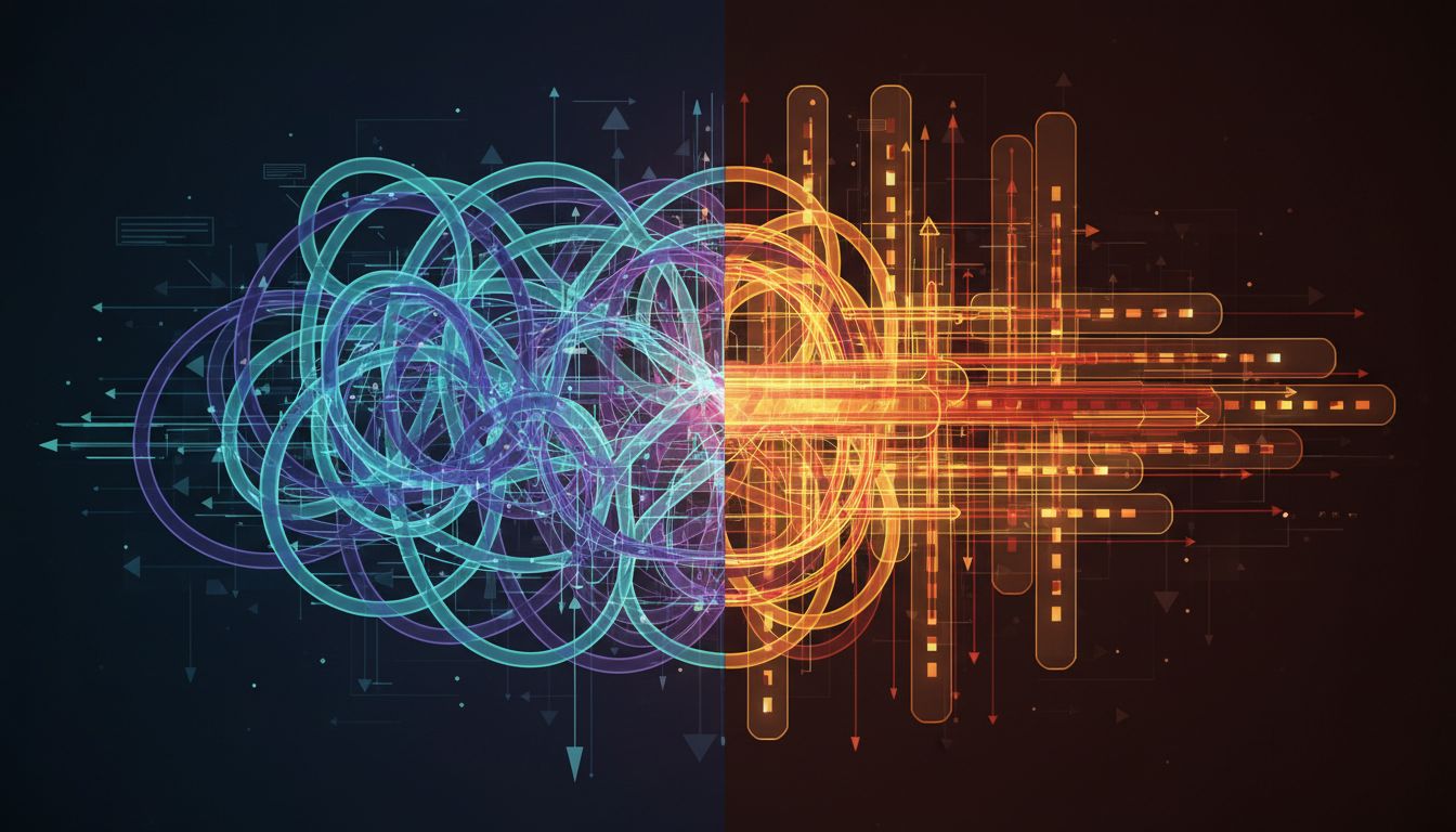 Abstract diagram contrasting chaotic communication channels with organized, structured message flows