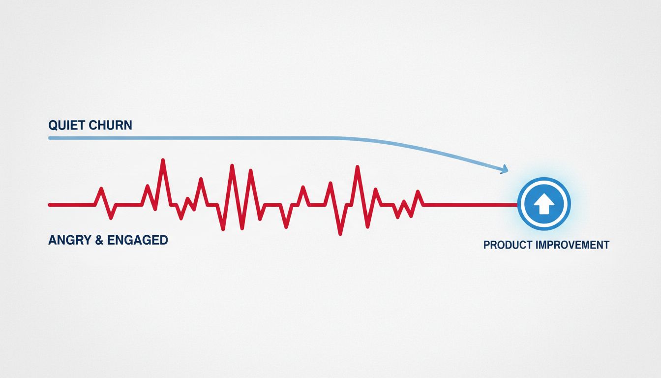 Diagram comparing quiet customer churn versus engaged customer friction leading to product improvement