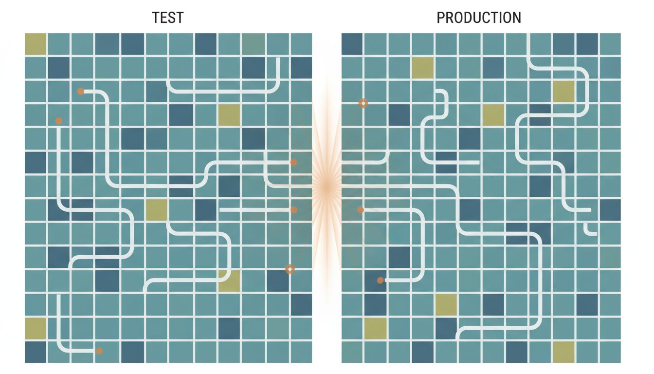 Illustration contrasting the controlled test environment with the unpredictable reality of production