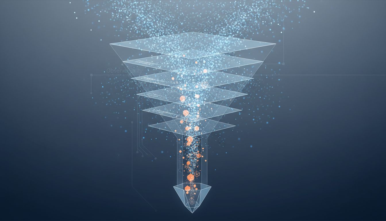Diagram illustrating how observability tools funnel production signals into actionable bug information