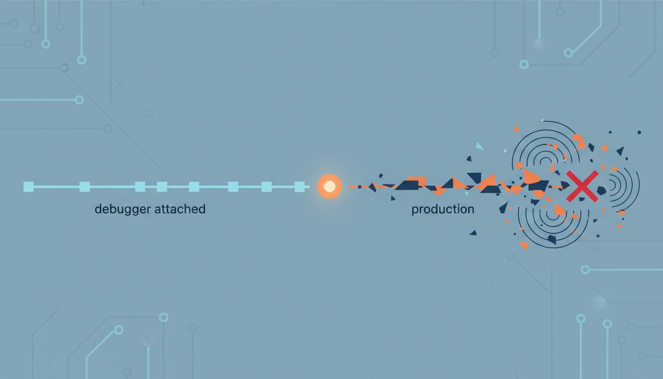 Abstract illustration of a program execution timeline splitting into two states depending on whether a debugger is present