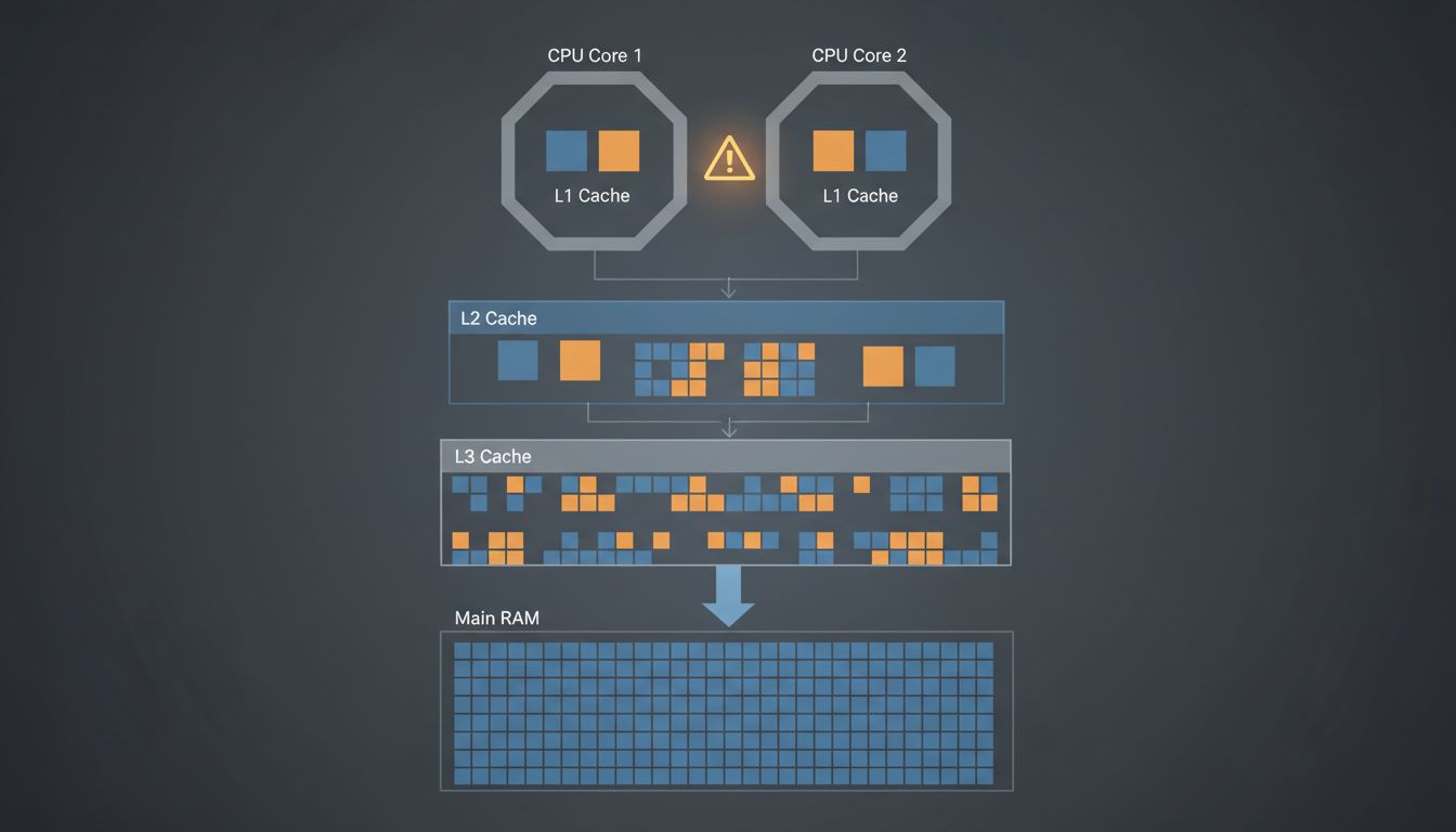 Diagram showing two CPU cores with mismatched cached values for the same memory address, illustrating a cache coherence problem