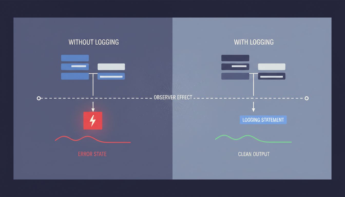 Split timeline diagram showing how adding a log statement shifts program timing and hides a race condition