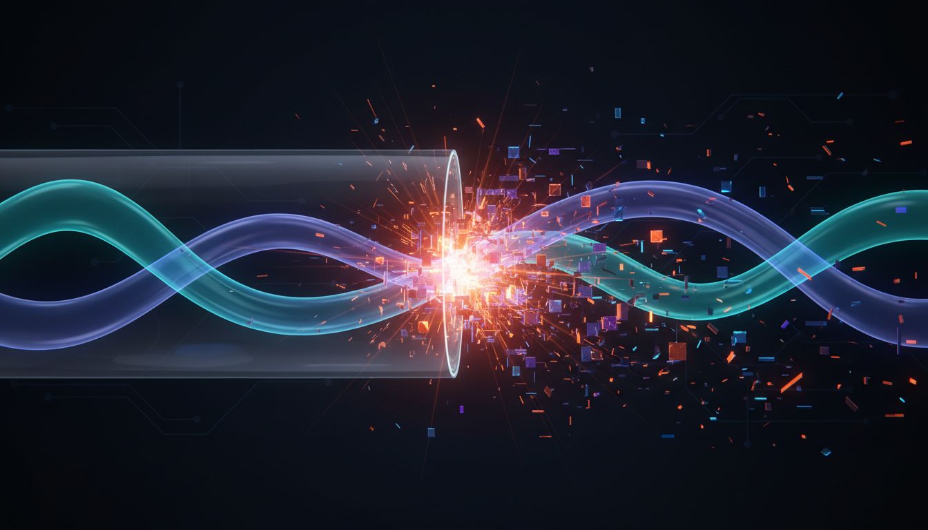 Abstract illustration of two concurrent threads colliding inside a shared memory buffer, producing data corruption at the intersection point