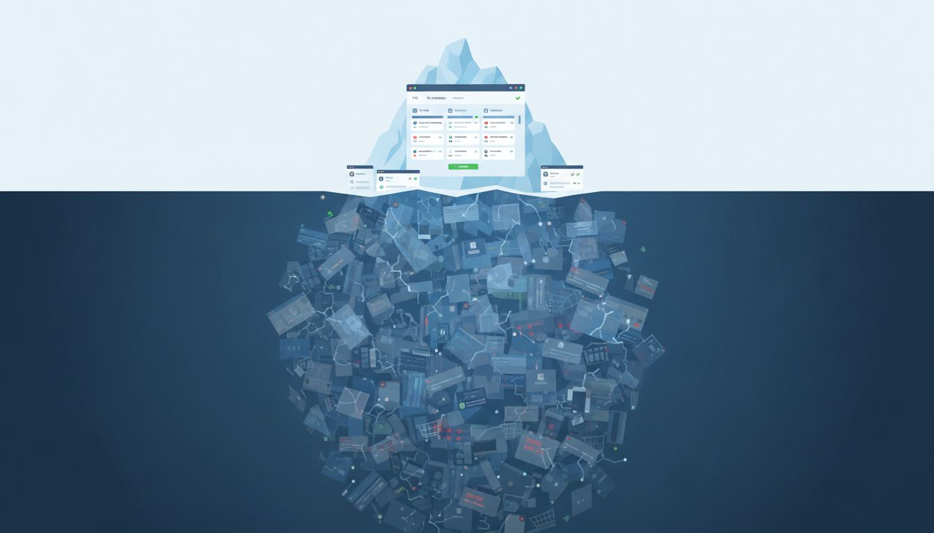 Iceberg illustration showing the small visible portion as filed bug reports and the massive hidden portion as unfiled bugs and user drop-off