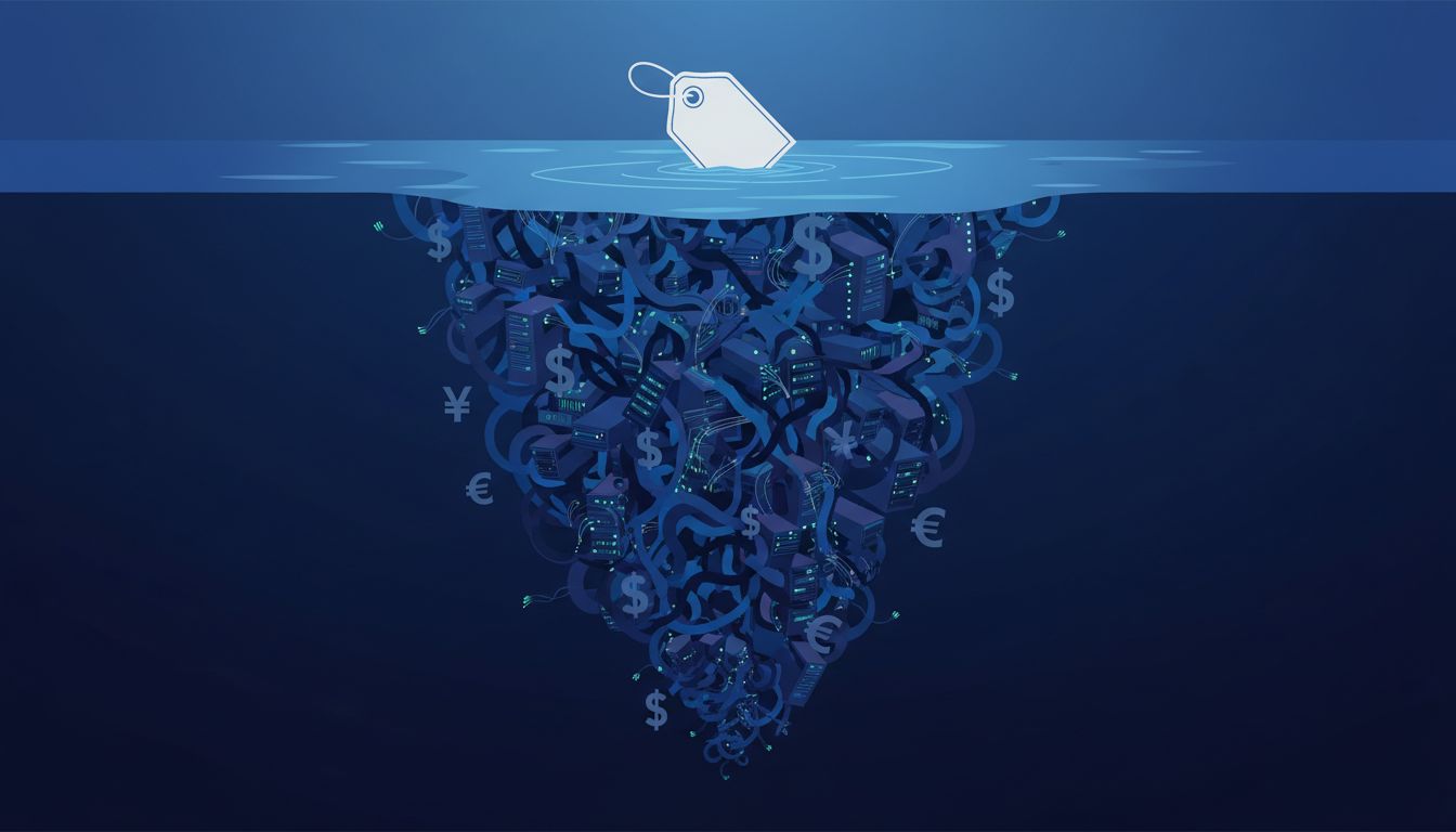 A small price tag floating above a vast submerged structure representing hidden cloud costs