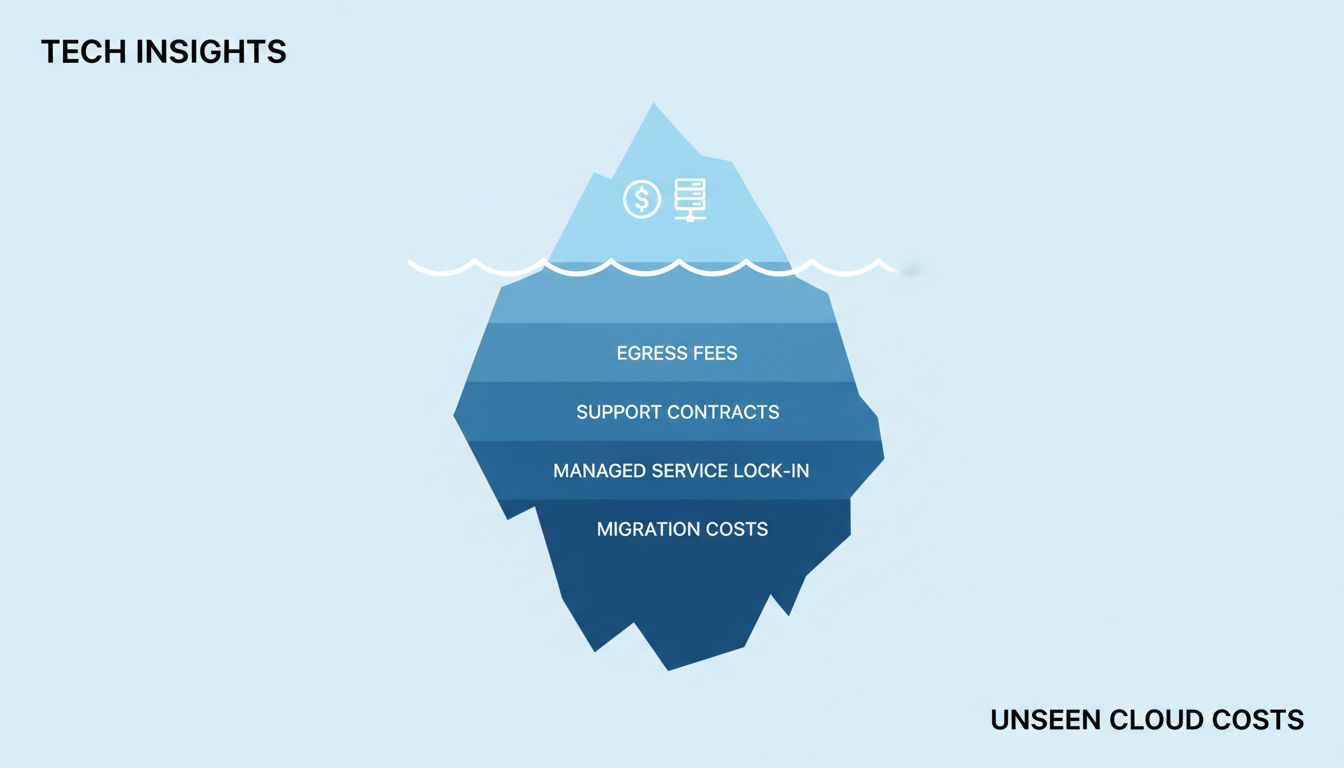 Iceberg diagram showing visible cloud compute costs above the waterline and much larger hidden costs below