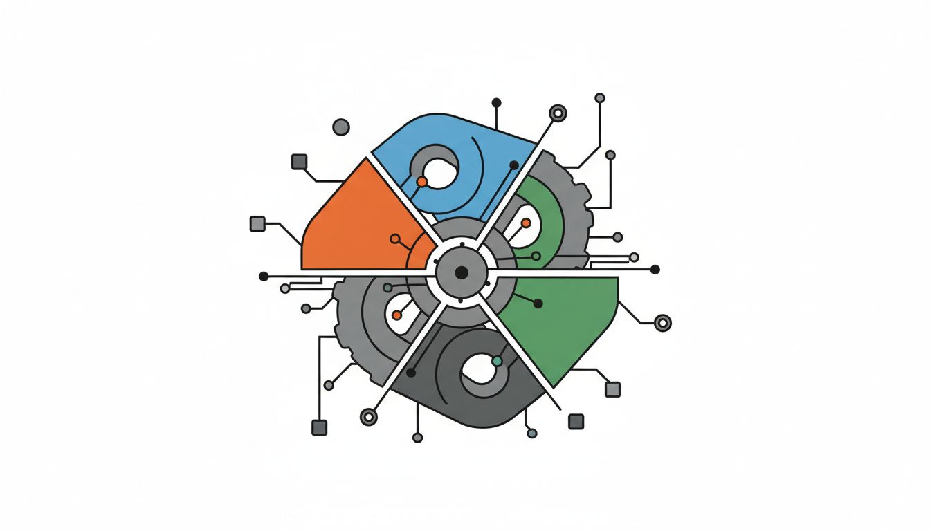 Abstract interlocking geometric shapes representing cloud architecture dependency and vendor lock-in