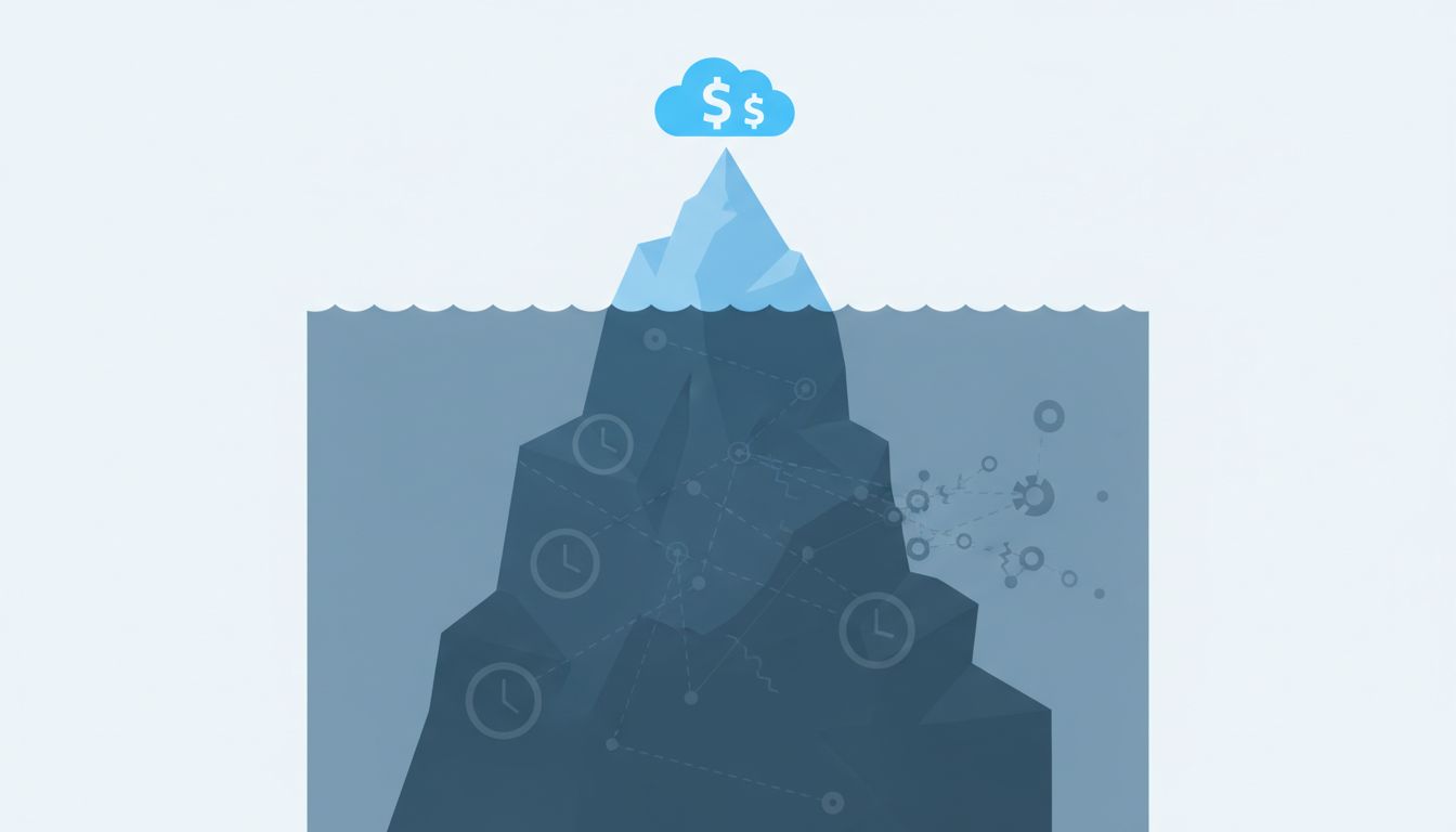 Iceberg diagram showing visible cloud costs above water and hidden opportunity costs below