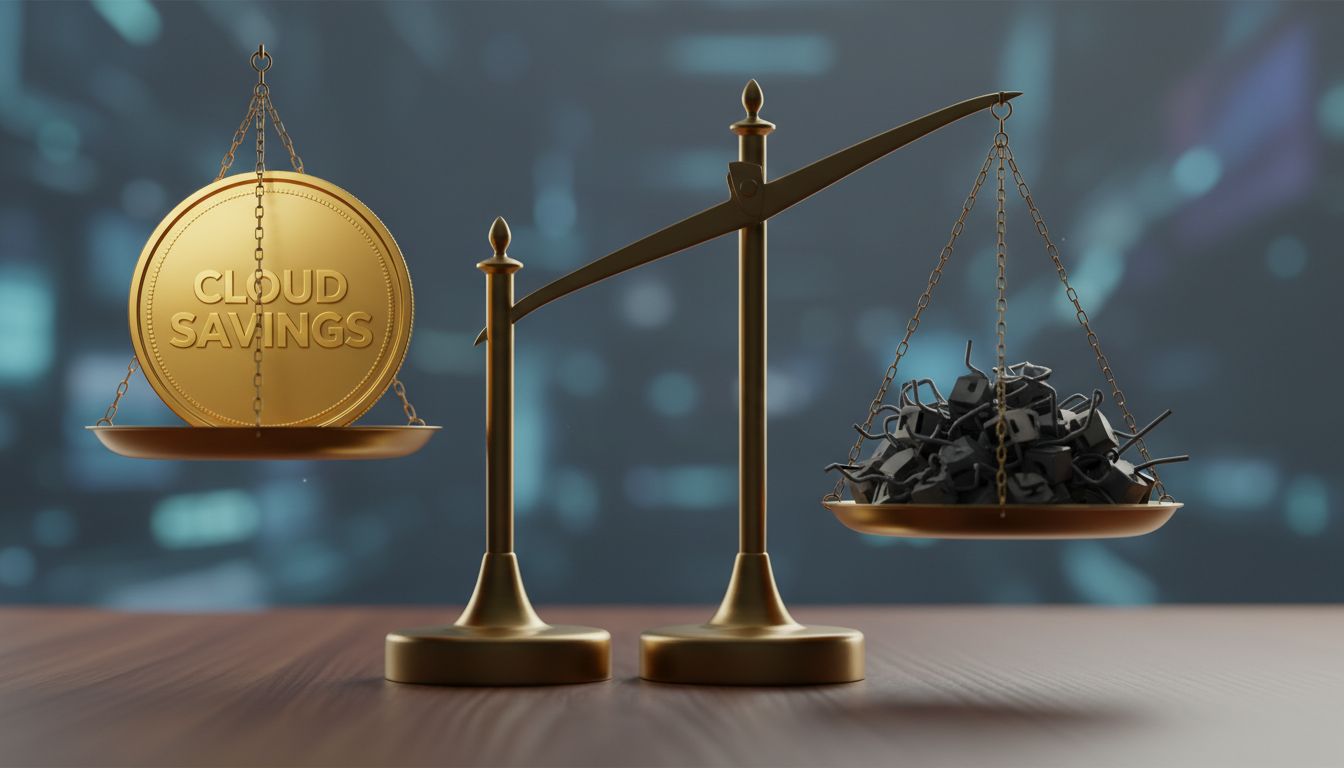 Balance scales comparing visible cloud savings against heavier invisible opportunity costs