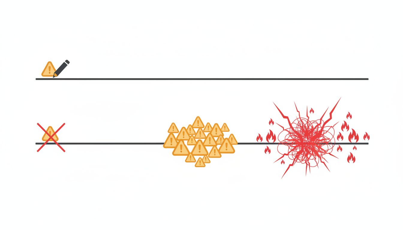 Diagram contrasting fixing a warning early versus ignoring it and facing a cascade of production incidents later