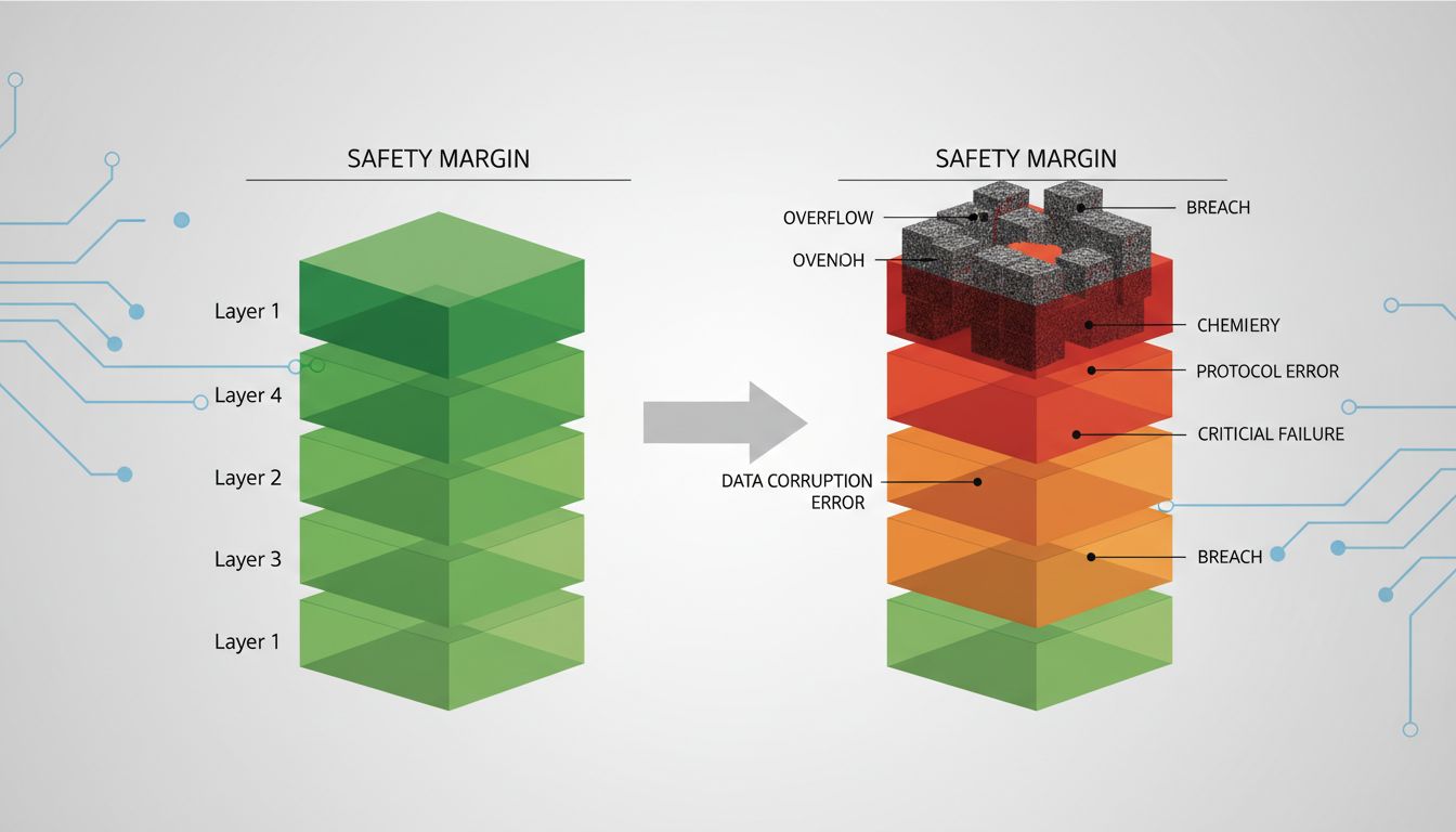 Diagram showing safety margin eroding as suppressed warnings accumulate in a software stack