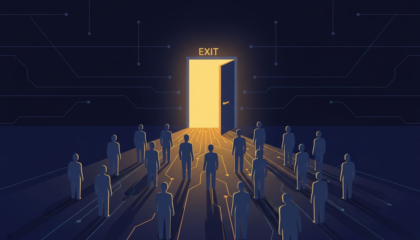 An open exit door casting light on silhouettes of people leaving