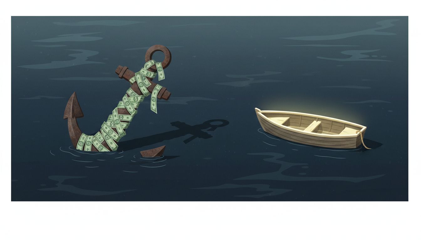 An anchor wrapped in dollar bills dragging down a small lifeboat, representing revenue that sinks a startup