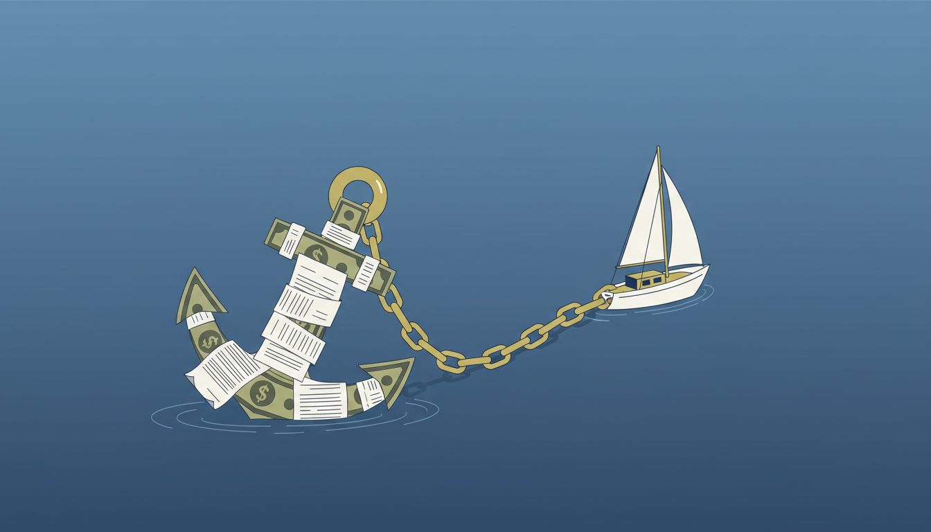 An anchor made of money and contracts pulling back a small boat trying to sail forward