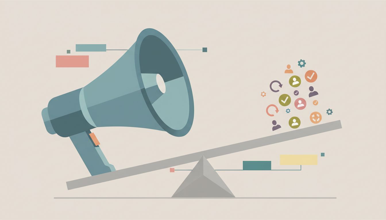 A megaphone outweighed by many small quiet signals on a seesaw, illustrating that loud customers are not the most important ones