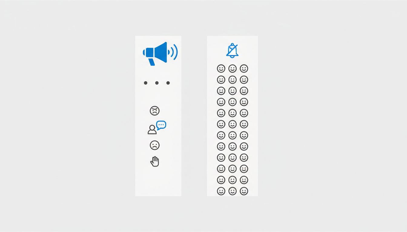 Diagram contrasting a small number of loud customers against a larger number of silent, retained customers