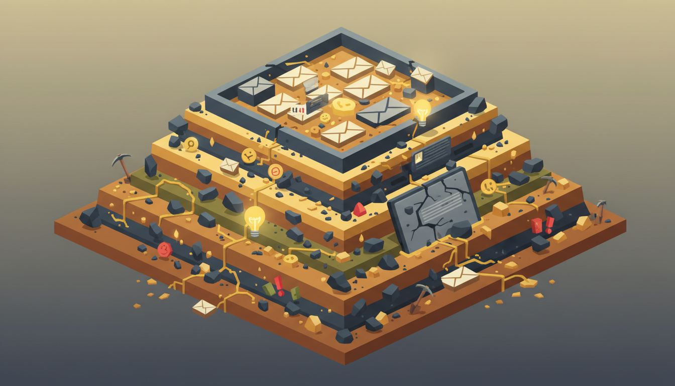 Illustration of an inbox as a goldmine, with complaint messages as embedded ore veins