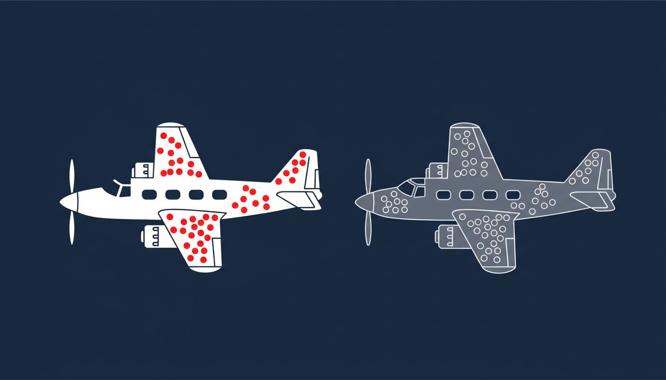 Diagram illustrating survivorship bias using aircraft damage patterns, showing which planes returned versus those that did not
