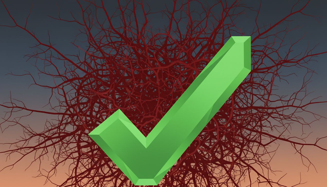 A green success checkmark with a hidden network of red fault lines spreading behind it