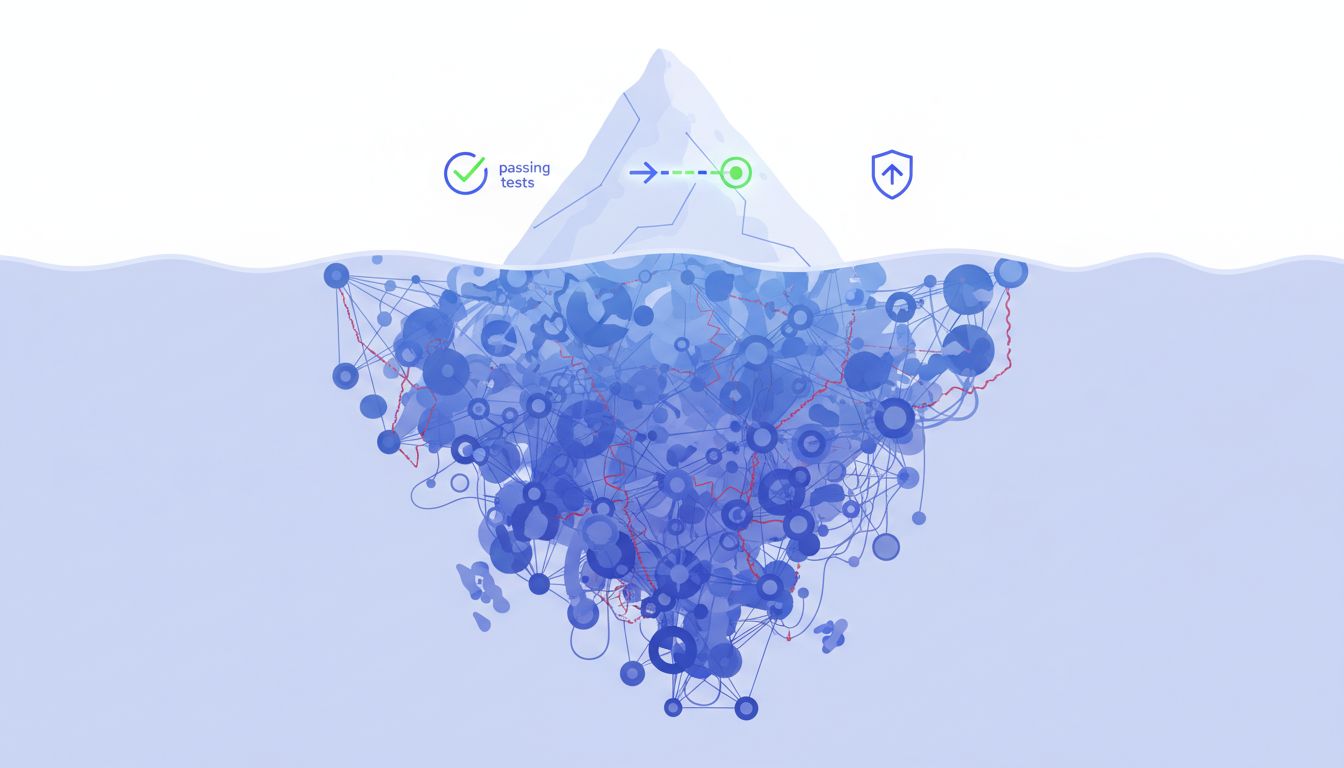 Iceberg diagram showing small visible deployment success above waterline and large hidden post-deployment complexity below