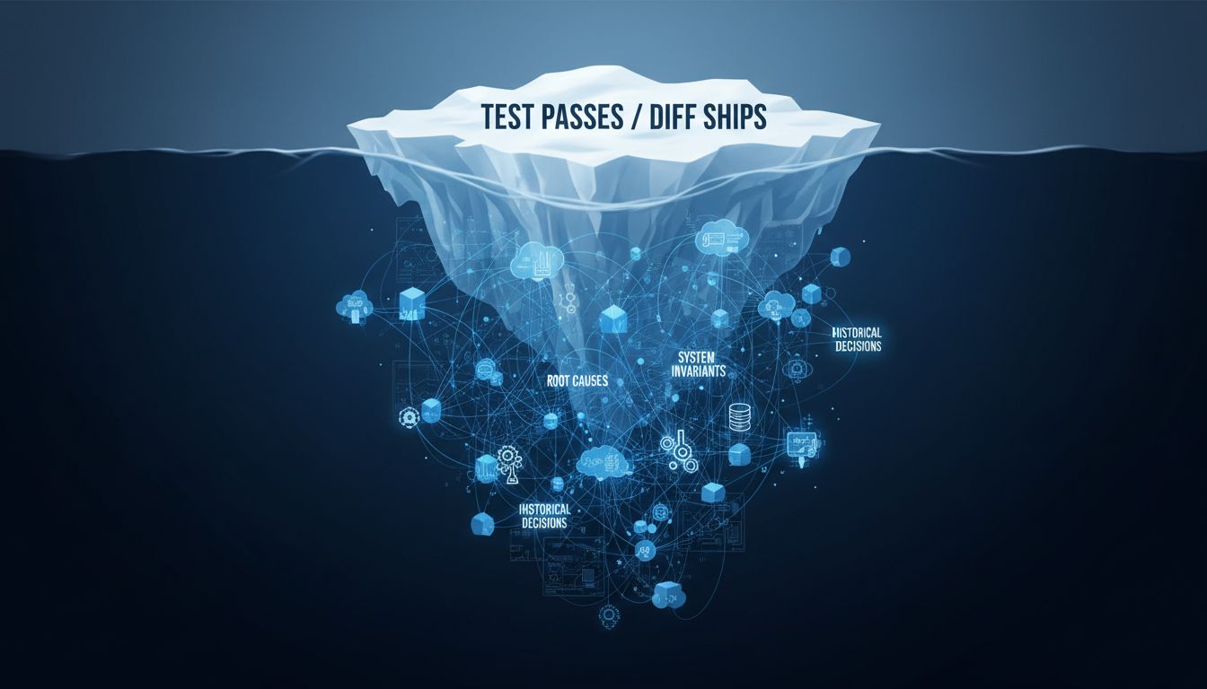 Iceberg diagram showing the small visible portion of a passing test above the waterline and the large hidden complexity of root causes below