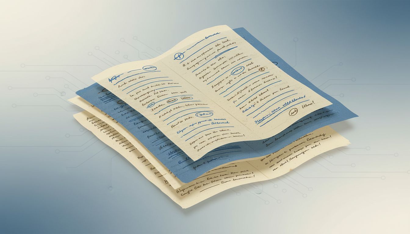 Illustration of multiple layered document revisions stacked on top of each other, showing the evolution of thinking