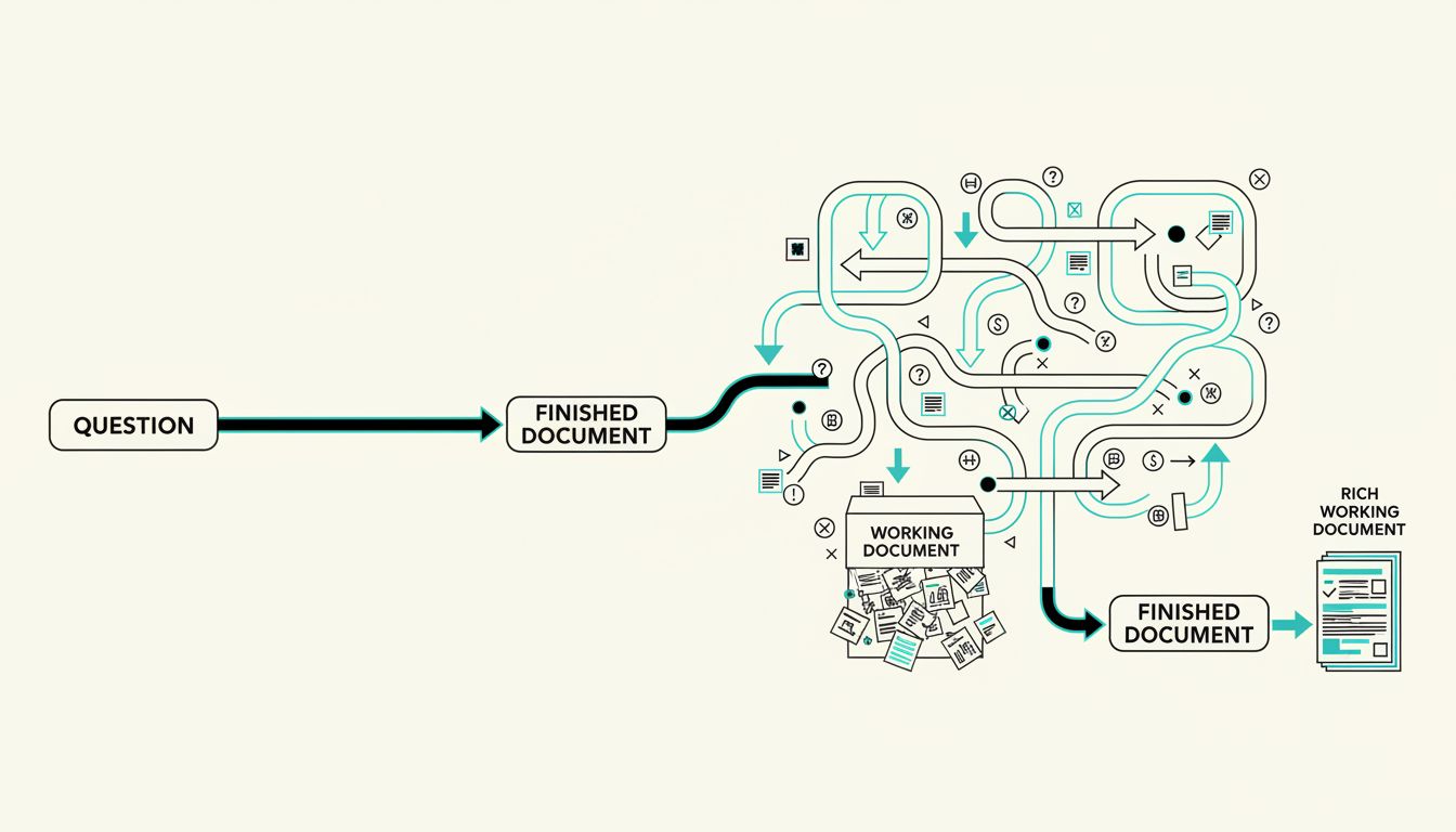 Diagram contrasting the myth of linear thinking with the reality of recursive, iterative working documents