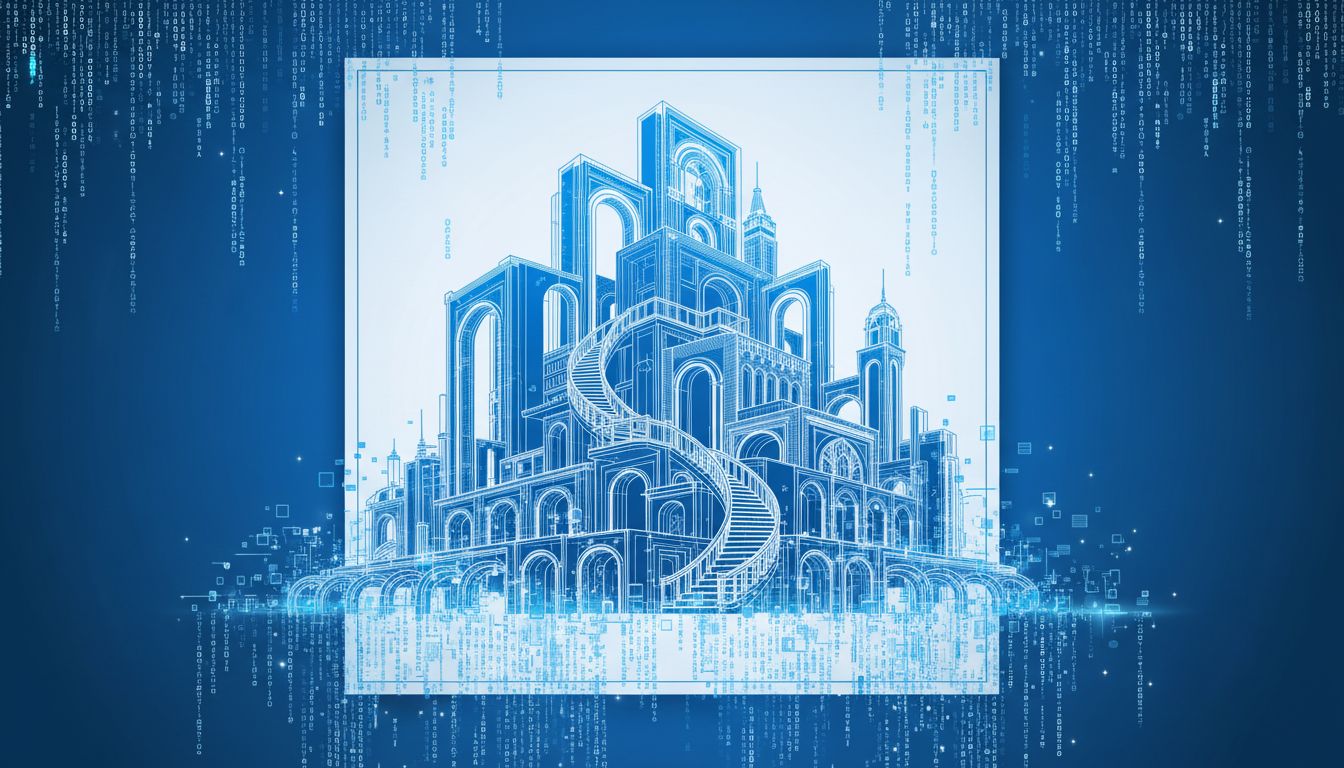 Blueprint dissolving into code at its edges, suggesting architectural decisions becoming technical debt