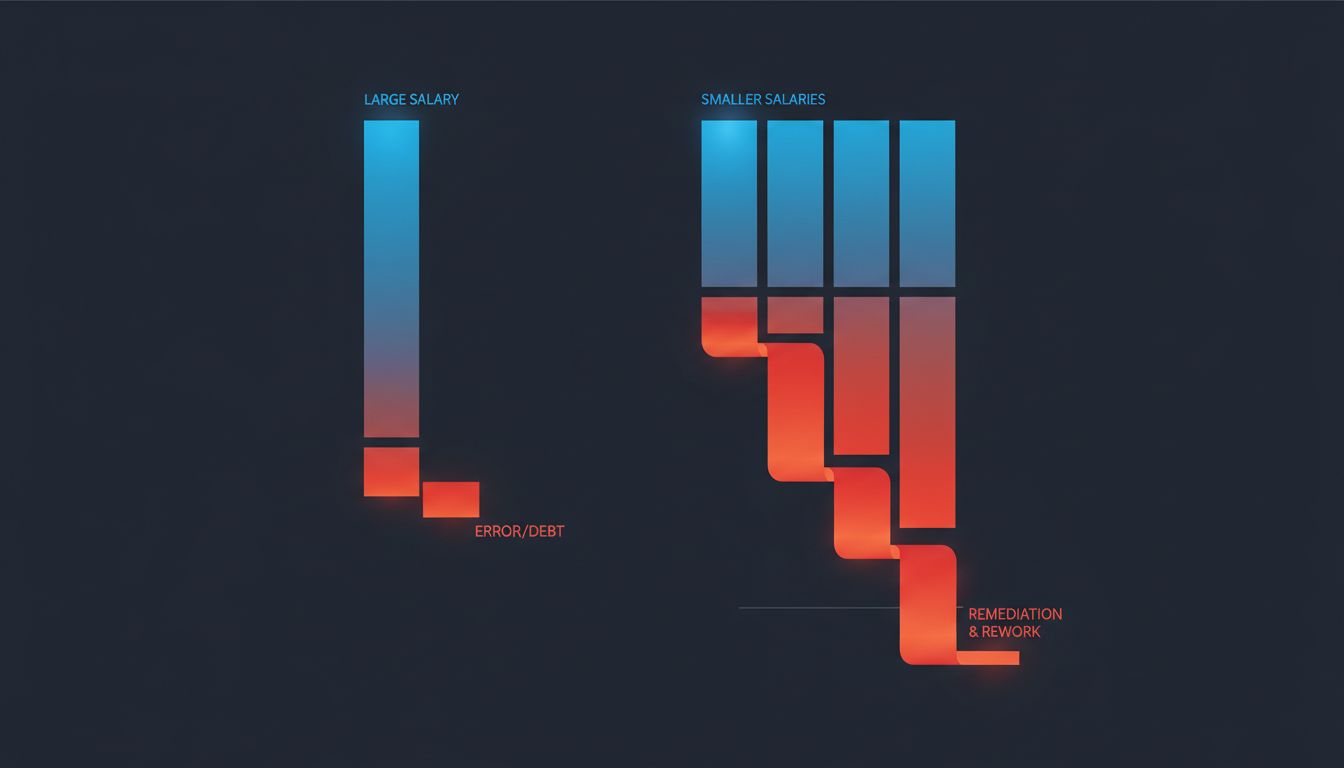 Cost comparison diagram showing that lower individual salaries can produce higher total costs through remediation and rework