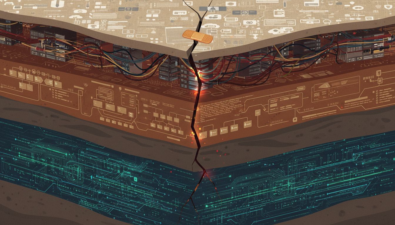 Cross-section illustration showing code and organizational layers with a crack patched only at the surface
