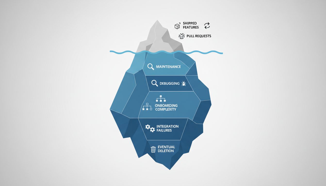 Iceberg diagram showing the hidden maintenance cost beneath visible software features