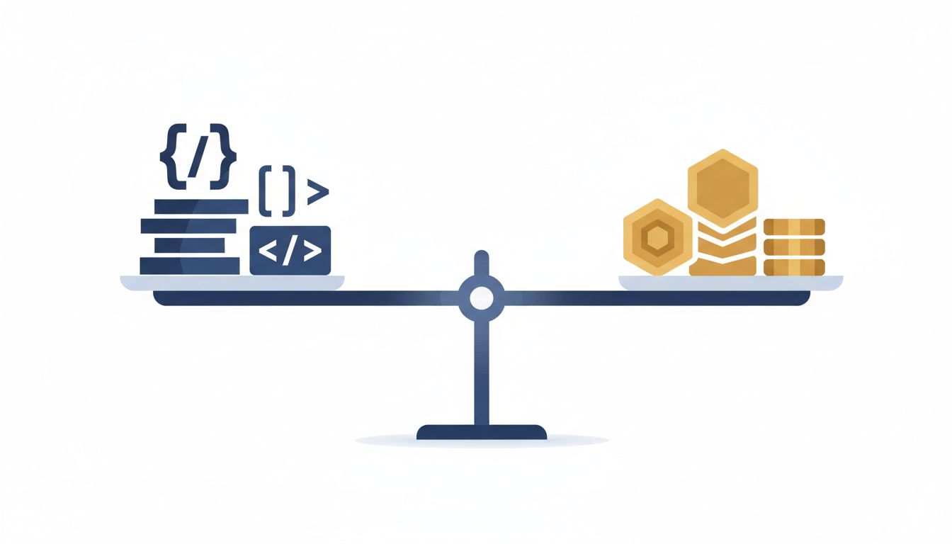 A balanced scale with code symbols on one side and value tokens on the other
