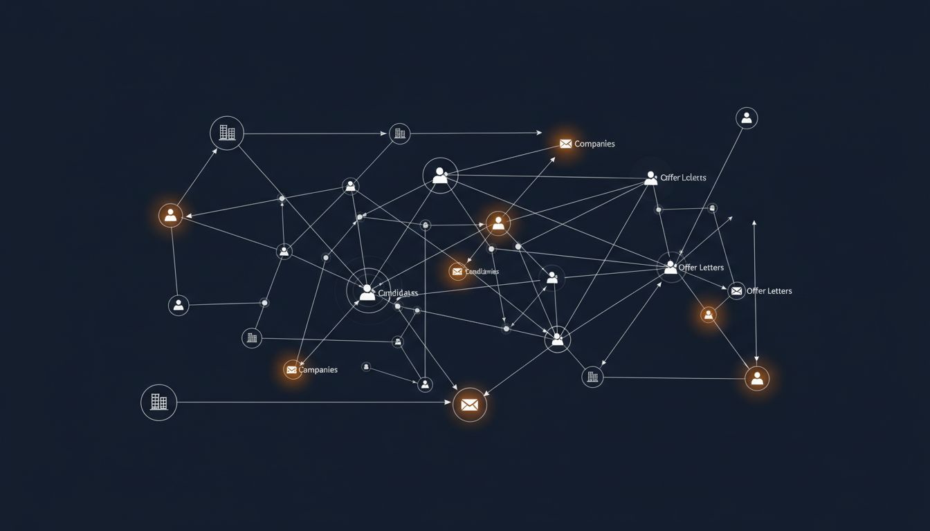 Network diagram showing the flow of information between candidates and companies during a hiring process